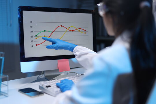 Asian scientist analyzing research data in laboratory, working on a computer observing experiment results.