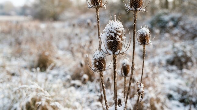 Dried teasel seed heads covered in fresh white snow during a cold winter day in a natural meadow landscape with soft bokeh