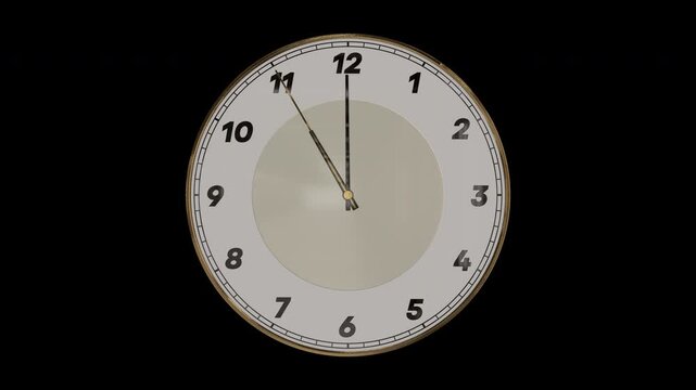 時計の針が0時59分50秒から1時00分10秒まで進む3DCG