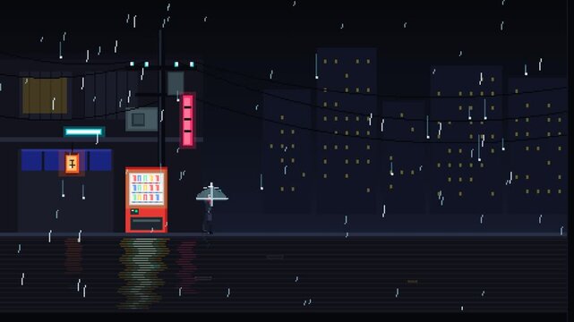Immerse your viewers in the nostalgic atmosphere of a rainy Japanese city street at night. This 16-bit pixel art animation features a glowing vending machine, neon reflections on wet asphalt, gentle r