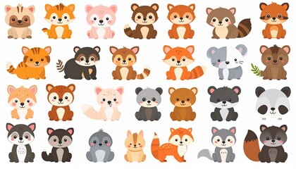 Fototapeta premium Cute baby animal collection featuring puppy, kitten, hamster, bunny, red panda, owl, fox, panda, koala, otter, sloth, deer, and hedgehog
