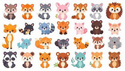 Fototapeta premium Cute baby animal collection featuring puppy, kitten, hamster, bunny, red panda, owl, fox, panda, koala, otter, sloth, deer, and hedgehog