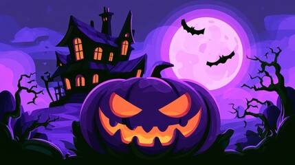 Fototapeta premium Jack o lantern flat design top view haunted house animation colored pastel. 