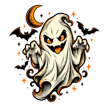 Cute Halloween Ghost with Bats and Crescent Moon Illustration