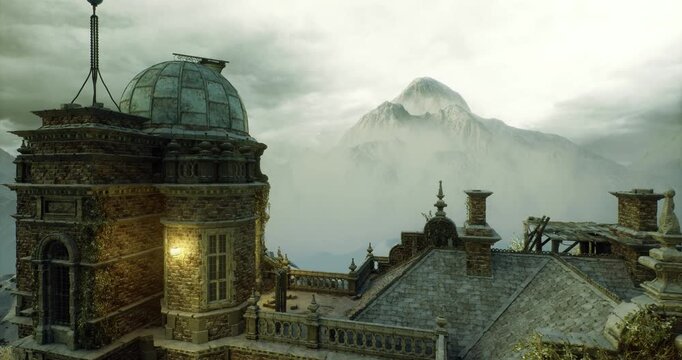 lantern lit observatory dome overlooking mountain, weathered stone rooftop with warm interior glow, dense mist rolling across distant peaks, moody cinematic