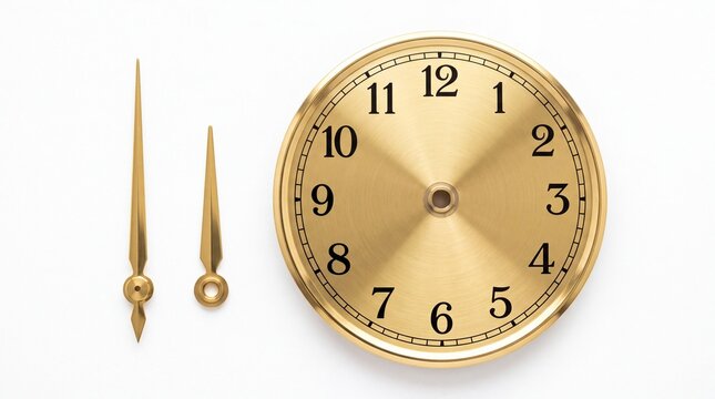 Golden clock face with detailed hour and minute hands isolated in bright light on white background