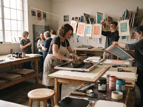 Group of adults creating colorful screen prints in a bright art workshop, highlighting printmaking, creative collaboration, traditional techniques, and hands-on learning.