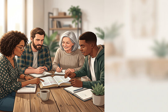 Diverse Christian Community Studying Bible Together at Home