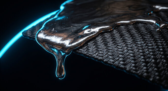 Macro Viscous Liquid Chrome Dripping from Woven Carbon Fiber Edge