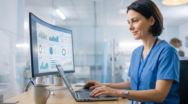 Female healthcare professional in blue scrubs analyzing patient data and medical analytics on computer screens in a bright modern hospital office.