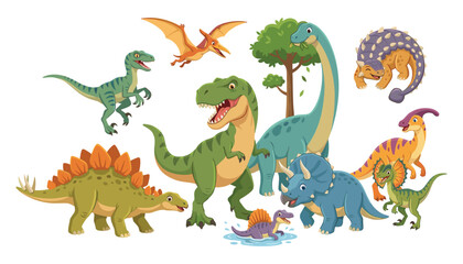 Cute Dinosaur Character Collection Featuring T Rex, Stegosaurus, Triceratops, Pterodactyl, Brachiosaurus and Other Prehistoric Animals for Kids Designs © Aysharya