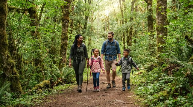 Diverse family enjoys a sunny hike through a lush green forest on a dirt path surrounded by trees and ferns