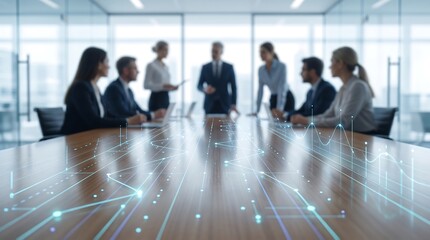Professional business team in modern boardroom meeting overlooking glowing digital data flow visualization on wooden table representing financial insights and strategic planning