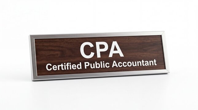 Professional wooden desk nameplate displaying bold white text CPA certified public accountant isolated on white background