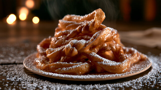 A plate holds a stack of bugnes lyonnaises, a sweet pastry from Lyon. The pastries are dusted with powdered sugar and lightly steaming.