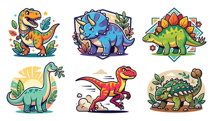 Cute Dinosaur Illustration Set with Tyrannosaurus, Triceratops, Stegosaurus, Brachiosaurus, Velociraptor, and Ankylosaurus Characters © Aysharya