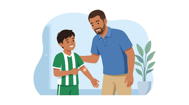 Boy Proudly Showing Bandaid to Father After Clinic Visit