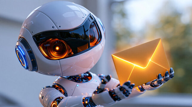 Futuristic friendly white robot messenger holding a bright yellow glowing envelope, cute artificial intelligence assistant delivering digital correspondence, expressive eyes and rounded features, hi