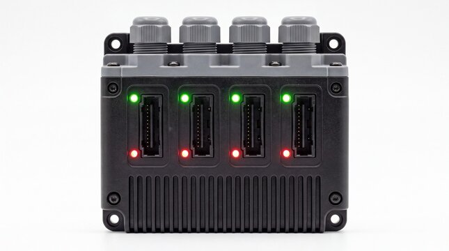 Industrial electronic controller device featuring multiple status indicator lights and connector ports on white background