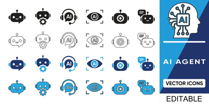 AI Agent editable icon set. Includes symbol by chatbot, bot setting, AI support, AI vision, AI workflow, message AI and more. Vector icons collection for premium modern artificial intelligence design.