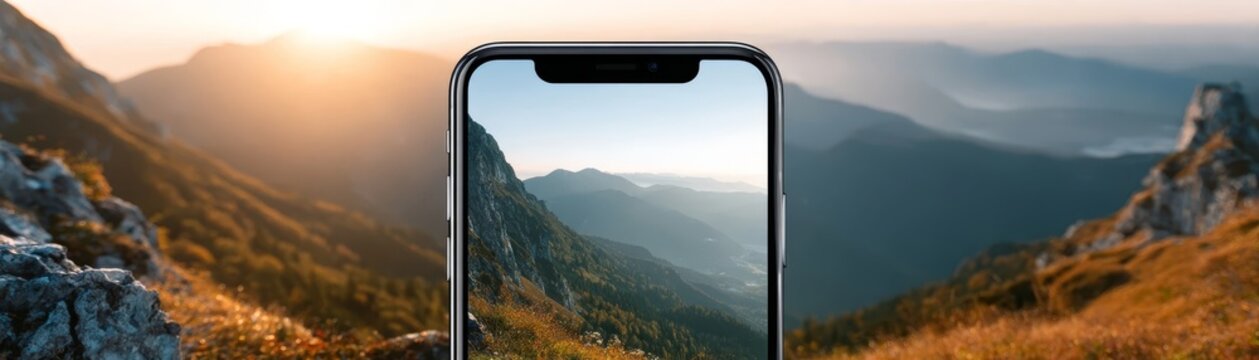Smartphone screen displaying beautiful mountain range landscape at golden hour sunset panoramic view