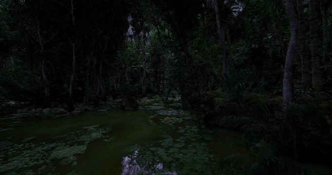 Nocturnal wetland research site with calm water and dense vegetation, shallow sampling pools and mossy banks under dim moonlight, equipmentready atmosphere