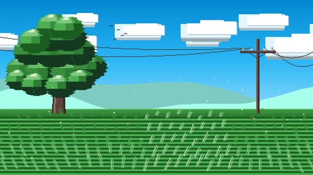 Take a deep breath and relax with this calming 16-bit pixel art animation of a windy countryside. Featuring a beautifully animated grass wave effect, a giant swaying tree, rustic power lines, and slow
