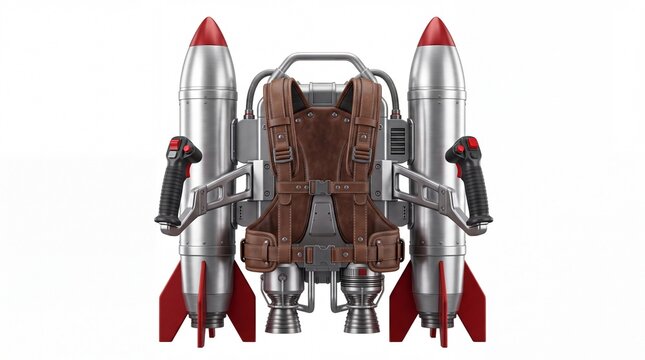 Futuristic metallic jetpack with leather harness and red engine thrusters shown on white background