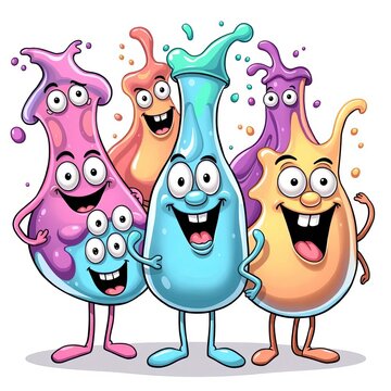 Wacky liquid characters in vector illustration form, isolated on a white background, colorful, zany