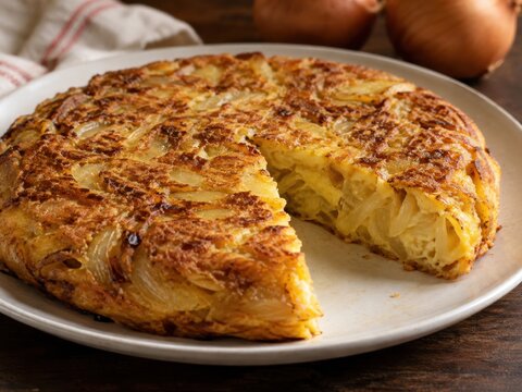 Herzhafte italienische Zwiebel-Frittata mit goldbrauner Oberfl&auml;che und saftiger Eiermasse, angeschnitten serviert. Rustikales mediterranes Gericht mit aromatischen geschmorten Zwiebeln.