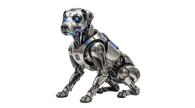 Futuristic robotic dog with metallic silver armor, mechanical cybernetic pet with glowing blue eyes, high-tech android canine on white background