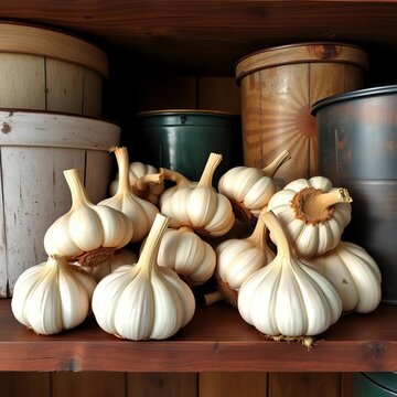 Organic garlics on wooden shelf amidst rustic storage containers, natural light, garlic