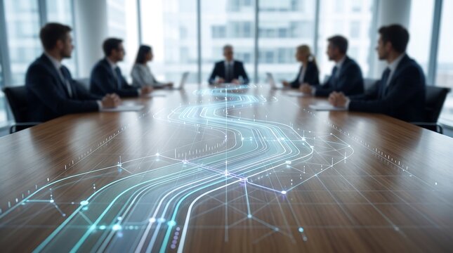 Business team in boardroom meeting with glowing 3D data pipeline network visualization on table for corporate logistics and supply chain optimization strategy