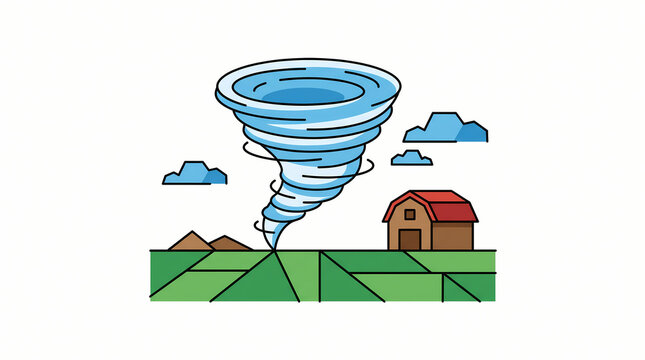 A stylized vector illustration of a tornado approaching a rural farm barn.