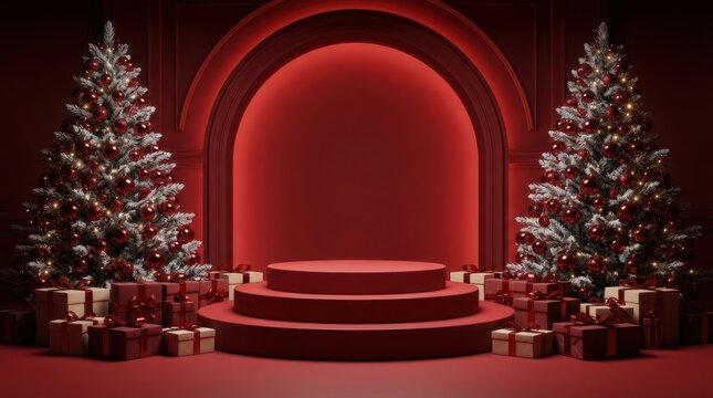 Merry Christmas Red circular podium with tiered steps surrounded by decorated christmas trees and red gift boxes in dark elegant red studio room