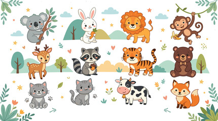 Fototapeta premium Cute Cartoon Baby Animal Vector Icon Set with Lion, Tiger, Bear, Cow, Fox, Koala, Rabbit, Monkey, Deer, and Raccoon Characters for Kids Stickers