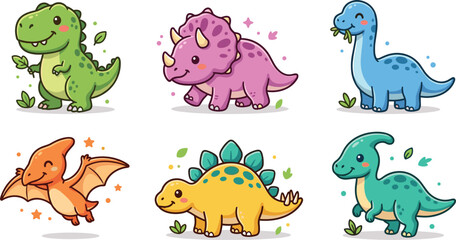 Cute Cartoon Baby Dinosaur Vector Icon Set with Tyrannosaurus Rex Triceratops Brachiosaurus Pterodactyl Stegosaurus and Parasaurolophus Characters for Kids Stickers © Habiba