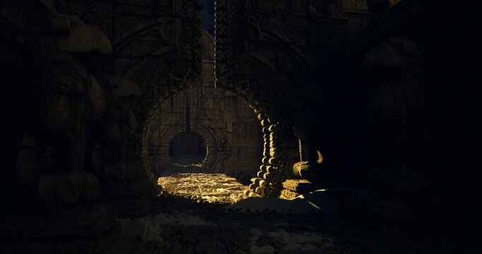 dim chamber illuminated by warm glow, ruined sculptures stand in shadow, icons and inscriptions suggest ritual use, imagined historian cataloging artifacts