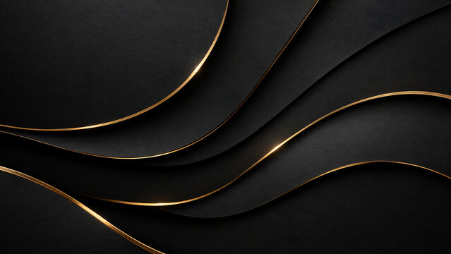 Abstract 3D dark papercut background with flowing black waves and glowing gold trim edges for Black Friday sale