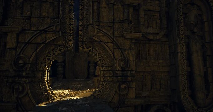 golden ancient archway revealing treasure trove, ornate stone carvings, scattered coins gleaming on mosaic floor, warm filtered beam, shadowed passage leading