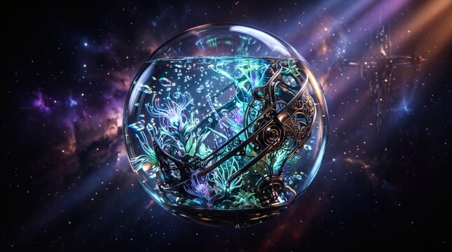 Abstract digital art of a glowing glass sphere containing a cosmic ecosystem in deep space.