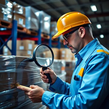 A customs agent examining a pallet of goods under magnifying glass, port, international shipping