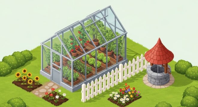 Vibrant greenhouse filled with plants alongside a charming garden well and flowers