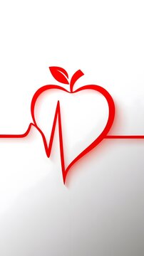 Red heart shape with apple leaf and heartbeat pulse line on white background