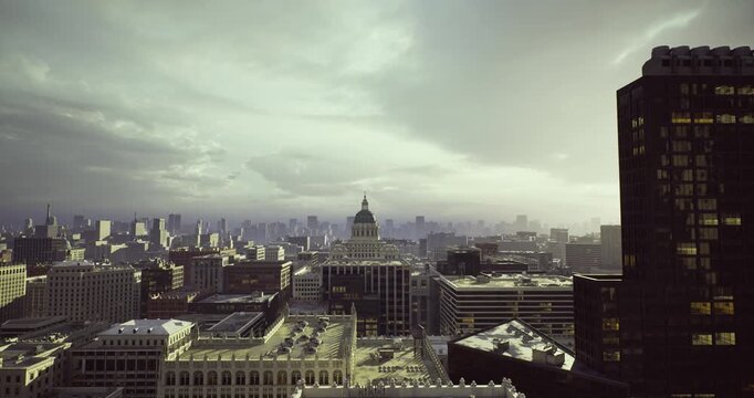 city skyline with sunburst at horizon and warm rays illuminating facades, uplifting atmosphere, lens flare, ideal for renewable energy, startup, and optimism