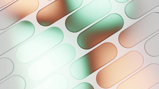 Glossy glass plates with soft mint reflecting colors on white. Abstract background in seamless loop.