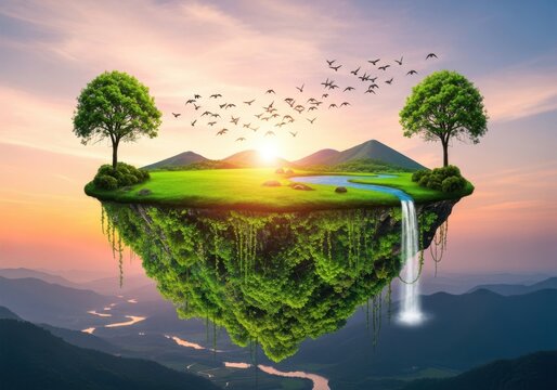 Surreal floating island paradise with waterfall and sunrise sky