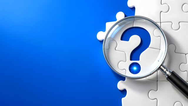 Magnifying glass highlighting blue question mark inside white jigsaw puzzle representing search and problem solving