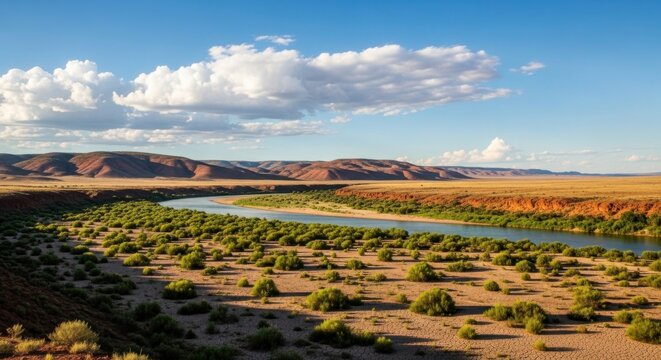 Winding river through arid landscape under a dramatic cloudy sky
