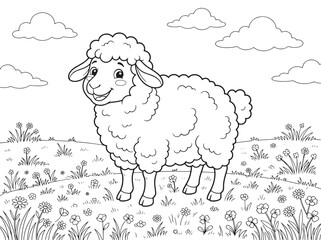 Obraz premium Simple and Fun Fluffy Sheep Countryside Coloring Page for Toddlers